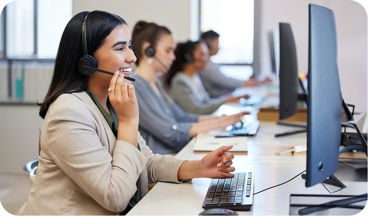 Woman on phone at call center